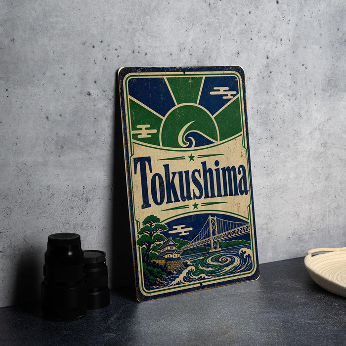 A metal sign with the word "Tokushima" on it, featuring a bridge and a sun-like symbol, is displayed on a table next to some black camera lenses.