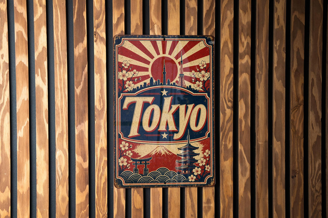 A vintage-style metal sign with the word "Tokyo" prominently displayed, featuring a sun and Japanese-style architecture.