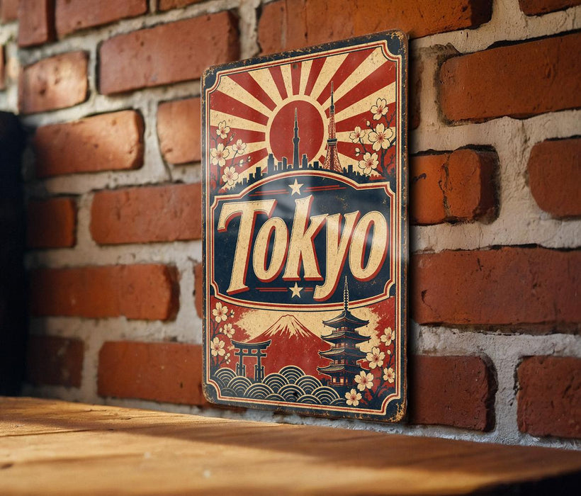 A vintage metal sign with the word "Tokyo" prominently displayed, featuring a sun and Japanese-style buildings, is mounted on a brick wall.