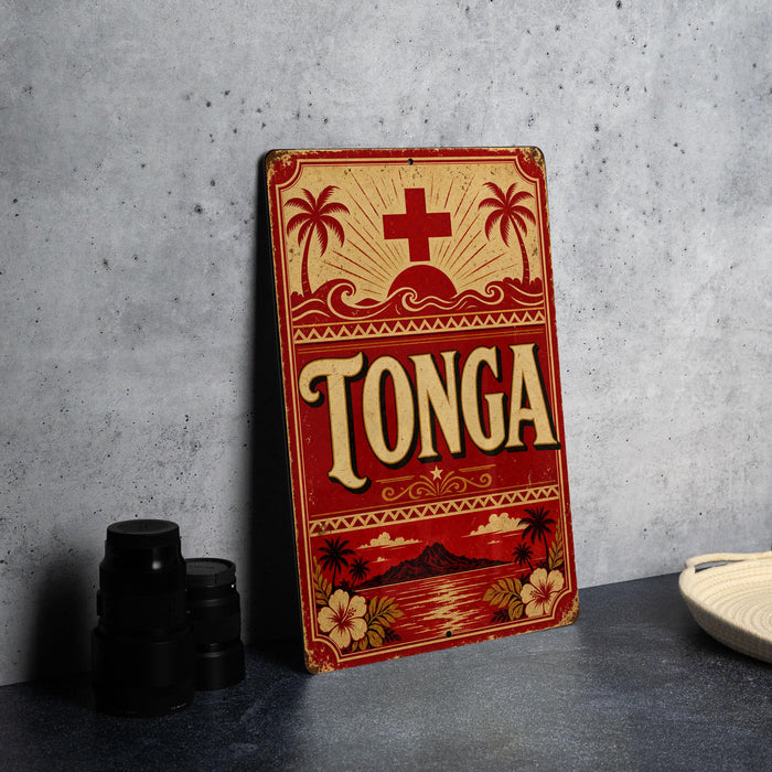 A vintage-style sign with the word "Tonga" prominently displayed, featuring a red background with palm trees and a cross, along with a sunset and island in the background.