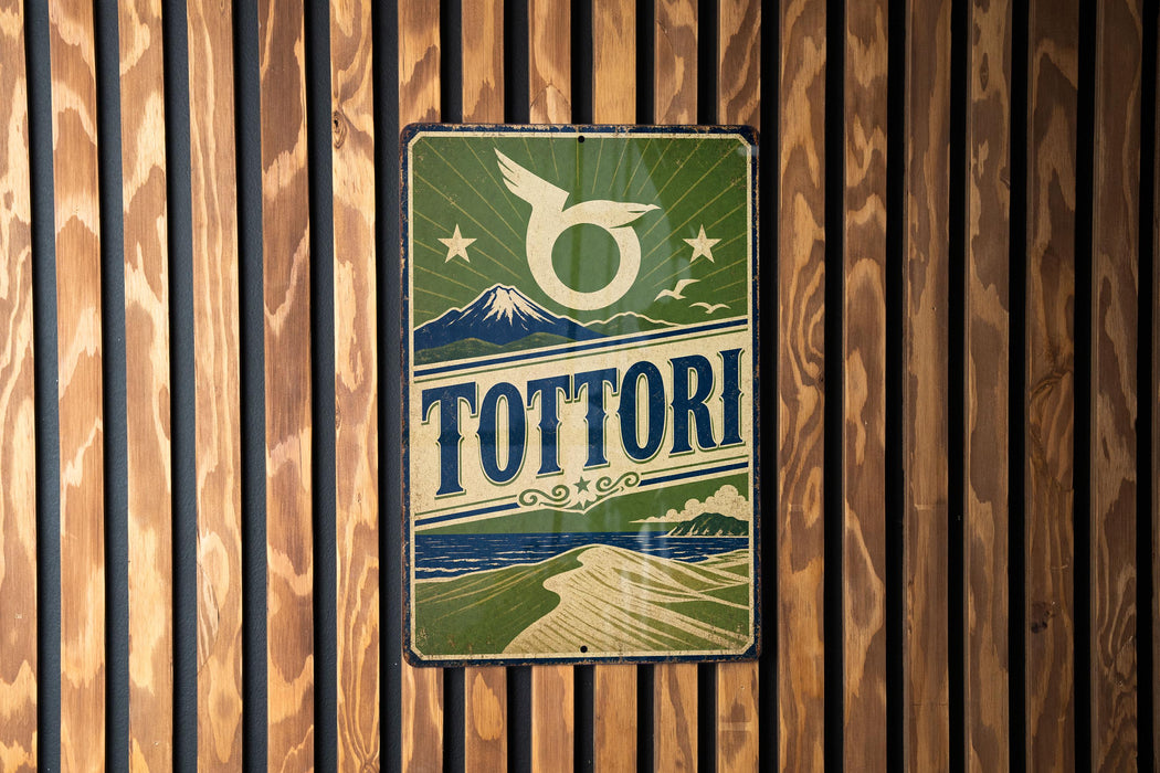 A vintage-style sign for "Tottori" is displayed on a wooden wall.