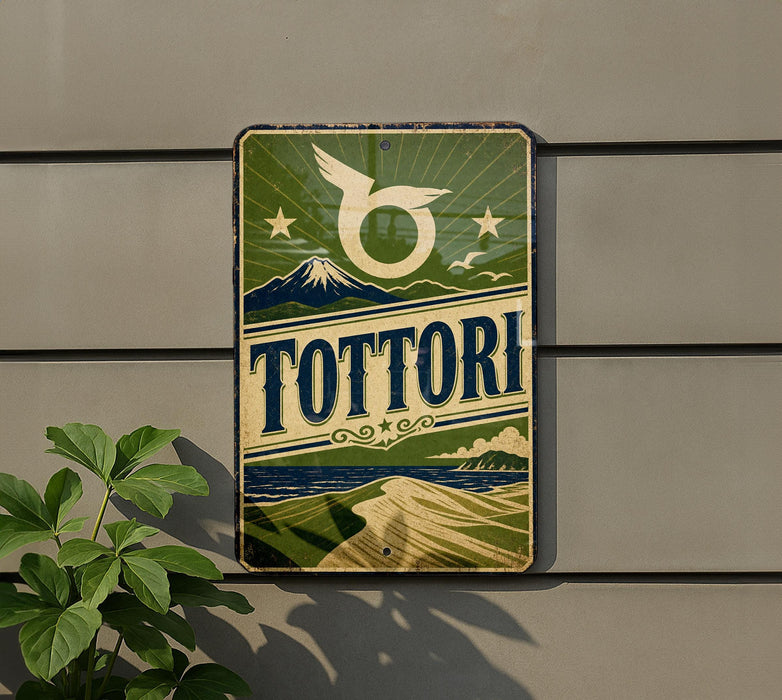 A vintage-style sign for "Tottori" is displayed on a wall, featuring a mountain landscape and a bird-like symbol.