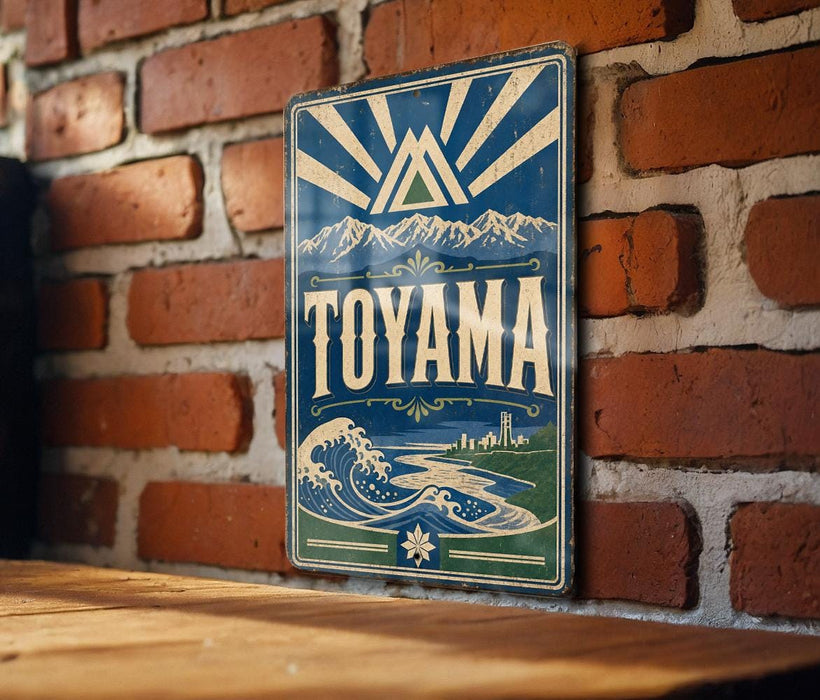 A vintage-style sign for Toyama, featuring a mountain landscape and a wave, is displayed on a brick wall.