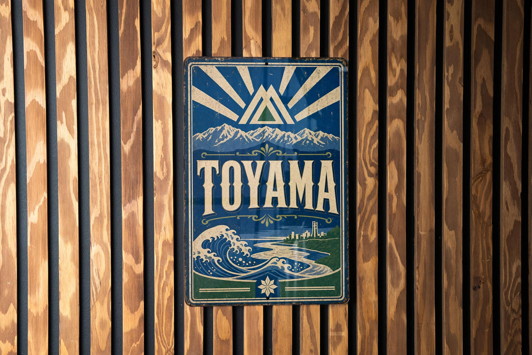 A vintage-style metal sign with the word "TOYAMA" prominently displayed, featuring a mountain landscape and a wave-like design.