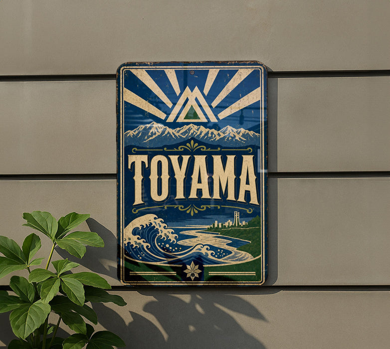 A vintage-style sign for Toyama, featuring a mountain landscape and a wave, is displayed on a wall.