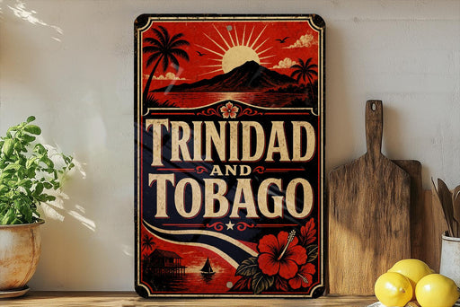 A vintage-style sign with the text "TRINIDAD AND TOBAGO" displayed prominently, featuring a tropical landscape with palm trees, a mountain, and a sun. The sign is placed on a shelf next to a wooden cutting board and a potted plant.