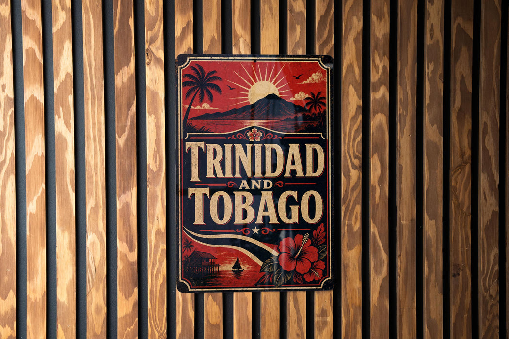 A vintage-style sign with the text "TRINIDAD AND TOBAGO" displayed on a wooden wall.