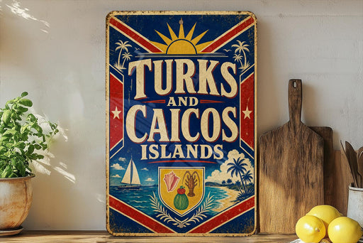 A vintage-style sign that reads "TURKS AND CAICOS ISLANDS" with a sailboat, palm tree, and beach scene depicted on it. The sign is placed on a shelf next to a wooden cutting board and a potted plant.