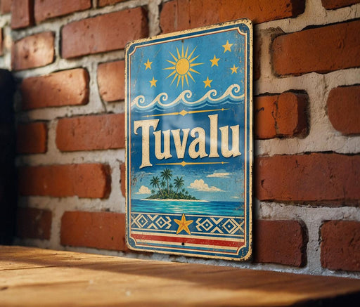 A vintage-style sign with the word "Tuvalu" displayed on a brick wall.