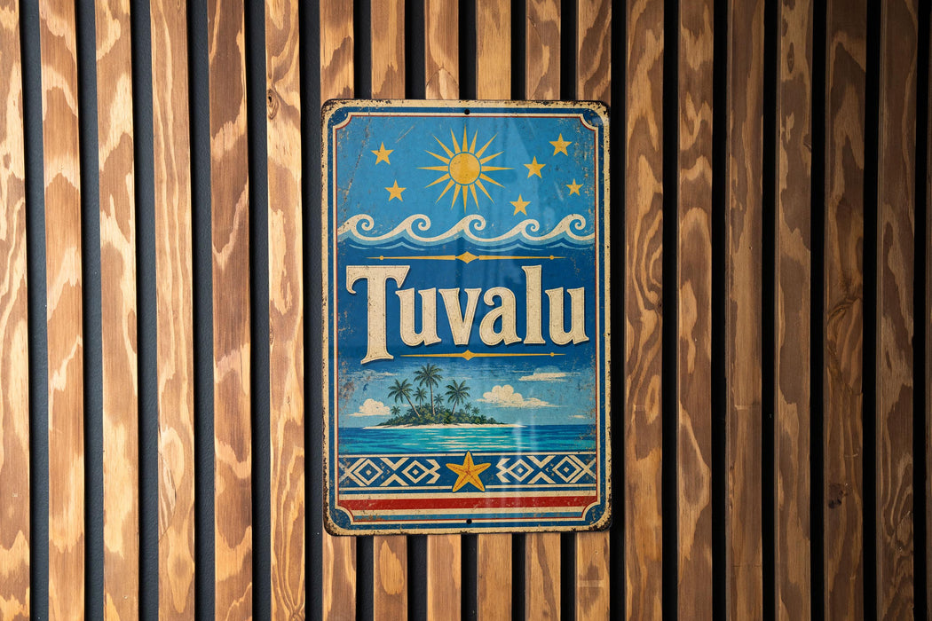 A vintage-style metal sign with the word "Tuvalu" displayed prominently, featuring a tropical island landscape with palm trees and a sun in the sky.