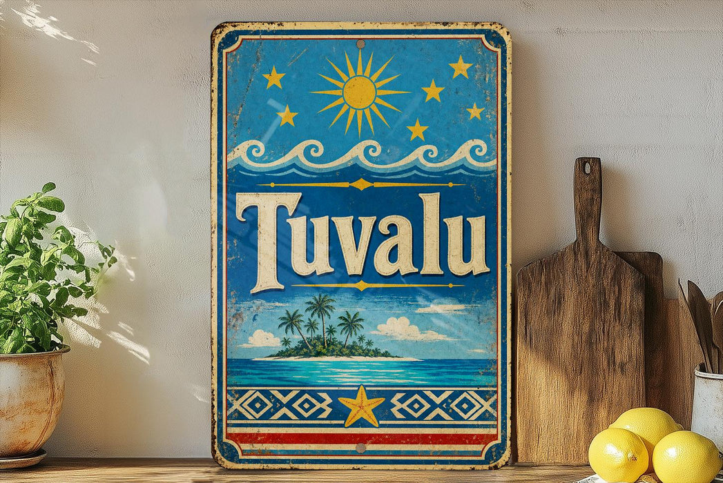 A vintage-style sign for Tuvalu, featuring a tropical island landscape with palm trees and a sun, is displayed on a shelf next to a wooden cutting board and some lemons.