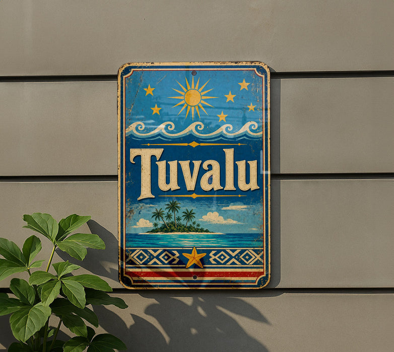 a vintage-style sign with a tropical island and palm trees, along with a sun and stars, mounted on a wall.