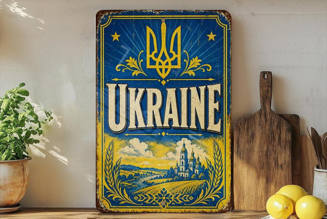 a vintage-style metal sign with the word "UKRAINE" prominently displayed, along with a decorative border and a landscape illustration. The sign is placed on a wooden surface, with a potted plant and a wooden cutting board visible in the background.
