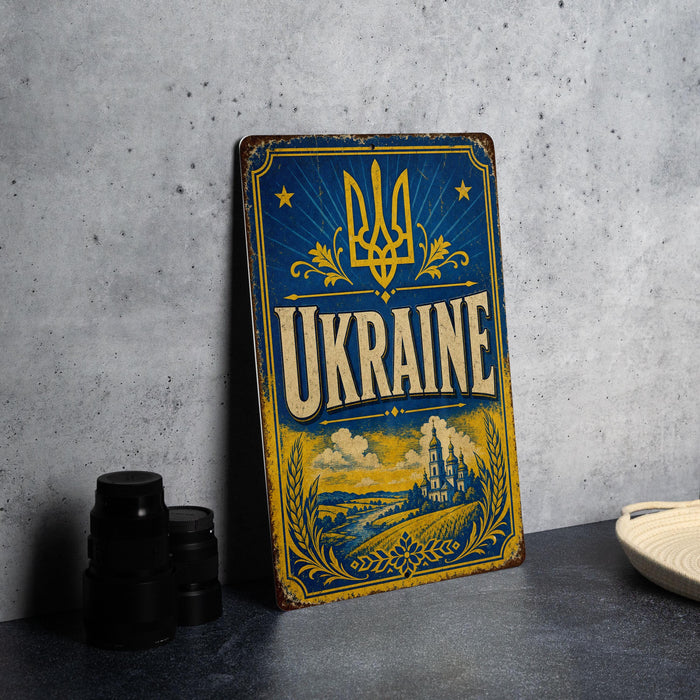 A vintage-style metal sign with the word "UKRAINE" prominently displayed, featuring a blue background with a yellow border and decorative elements.