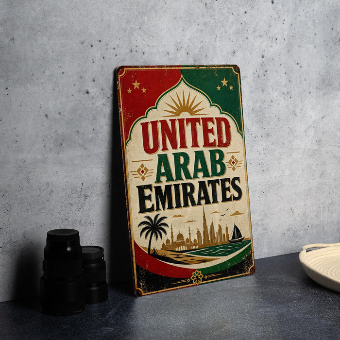 A vintage-style sign that reads "UNITED ARAB EMMIRATES" with a graphic of a city skyline and palm trees, placed on a gray countertop next to some black camera lenses.