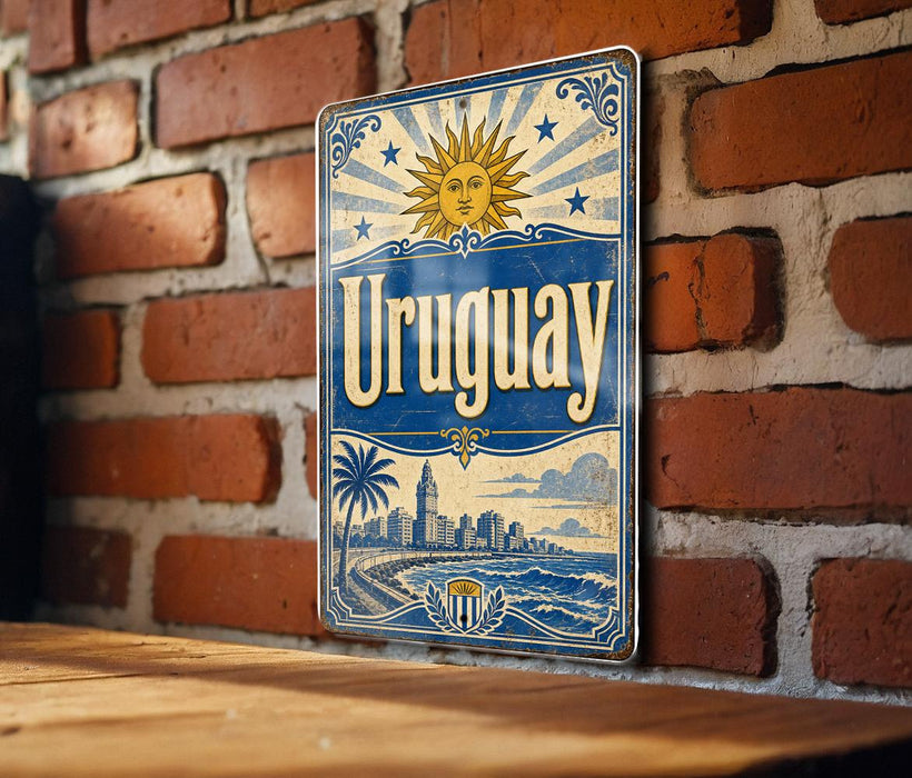 A vintage-style metal sign with the word "Uruguay" prominently displayed, featuring a sun and palm trees, against a brick wall background.