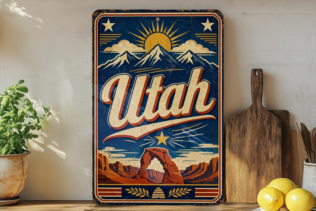A vintage-style metal sign with the word "Utah" prominently displayed, featuring a desert landscape with mountains, a sun, and a star. The sign is mounted on a wall, and there are some kitchen utensils and a potted plant visible in the foreground.