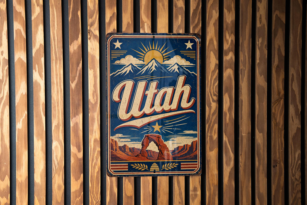 A vintage-style metal sign with the word "Utah" prominently displayed, featuring a mountain landscape and sun in the background.
