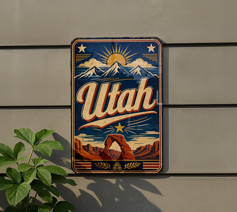 A vintage-style metal sign with the word "Utah" prominently displayed, featuring a mountain landscape and sun in the background.
