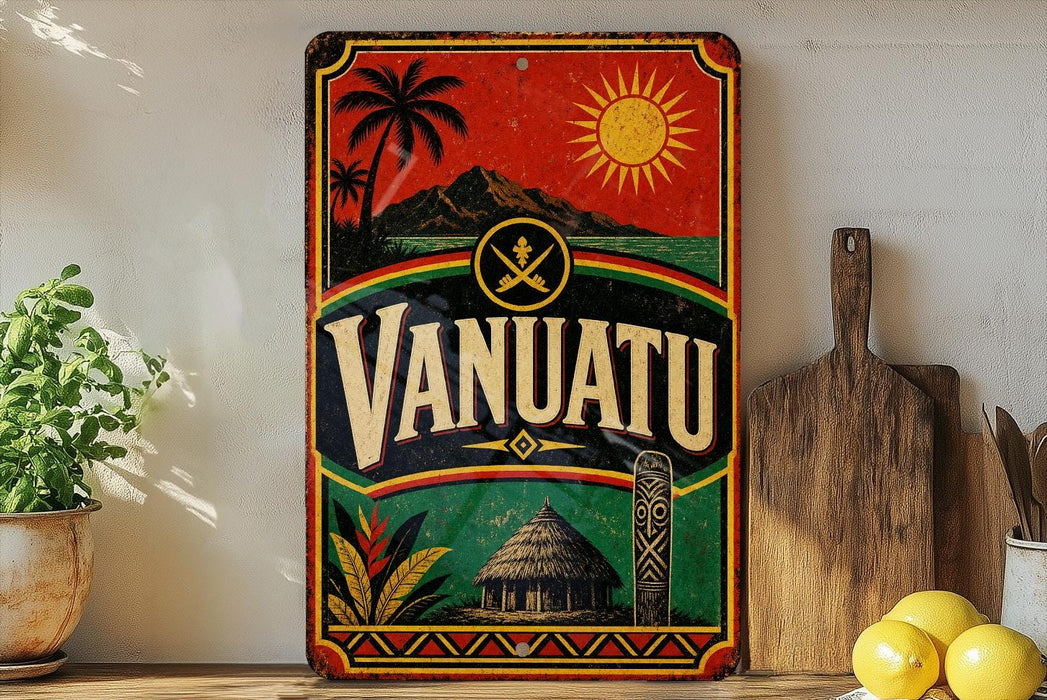 A vintage-style sign for Vanuatu, featuring palm trees, mountains, and a sun, is displayed on a shelf next to a wooden cutting board and some lemons.