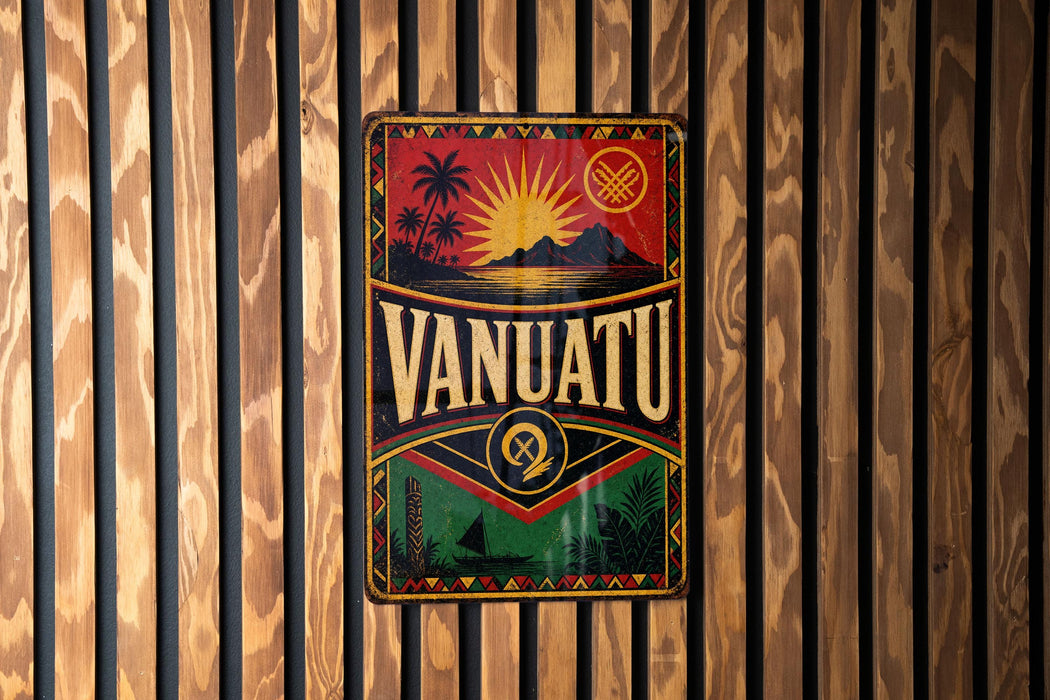A vintage metal sign with the word "VANUATU" prominently displayed, featuring a tropical landscape with palm trees, mountains, and a sun.