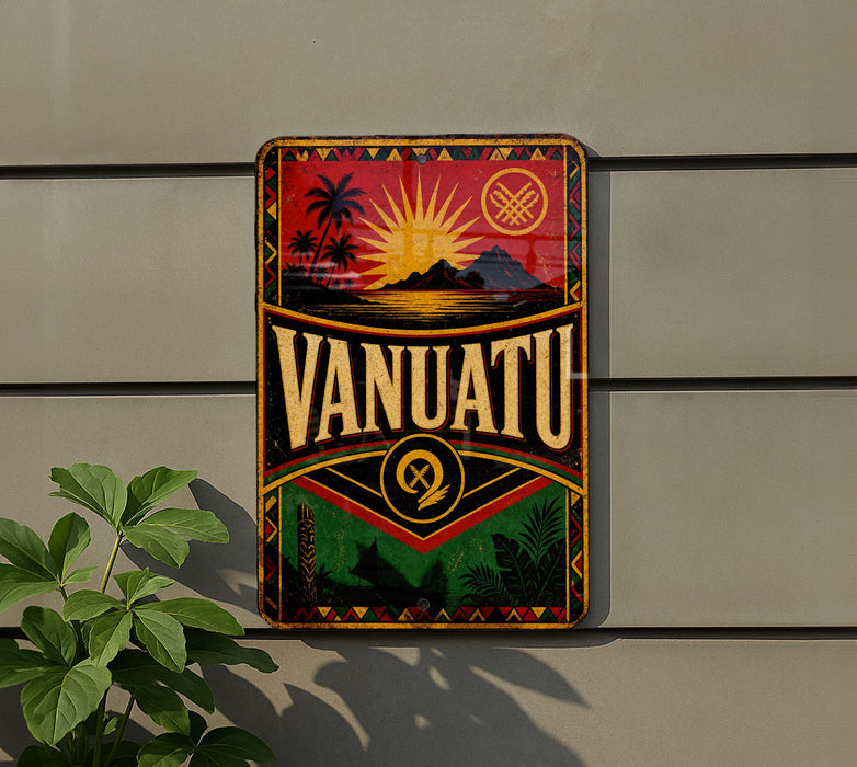 a colorful sign with the word "VANUATU" prominently displayed, along with a sun and palm tree motif.