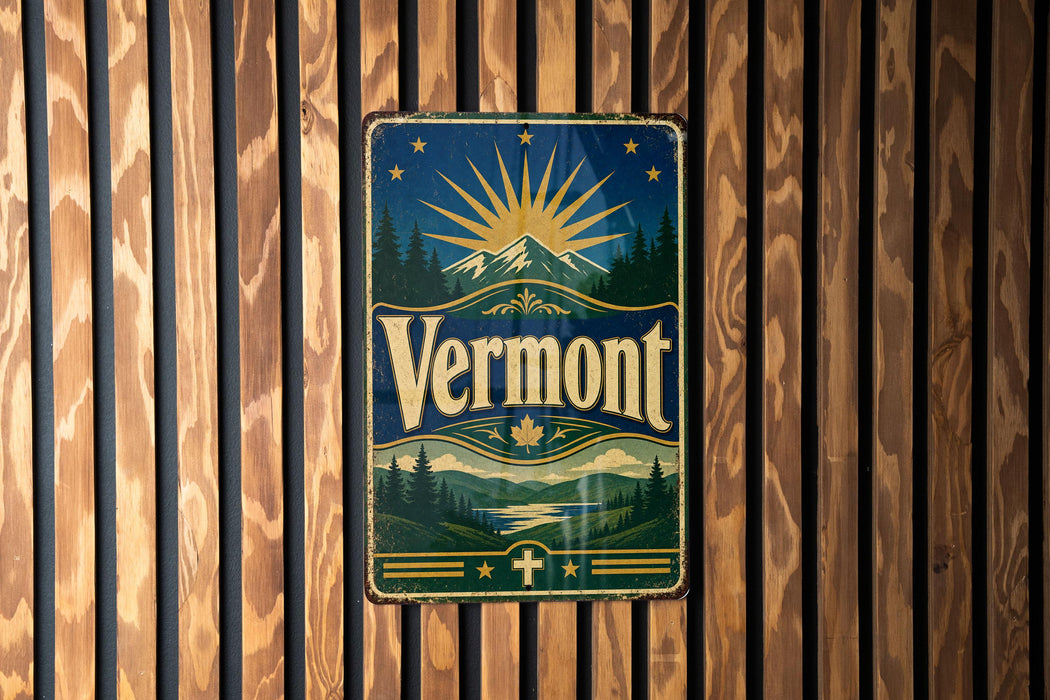 A vintage Vermont beer sign is displayed on a wooden wall.