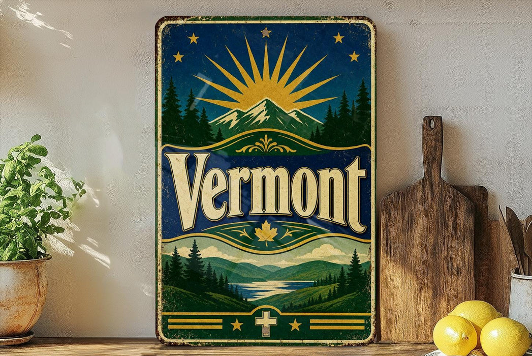 A vintage-style metal sign with a sunburst design and mountains in the background, featuring the word "Vermont" prominently displayed.