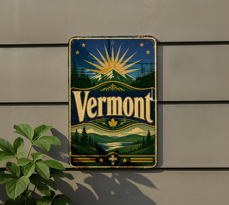A vintage Vermont beer sign is displayed on a wall, featuring a sunburst design with mountains, pine trees, and a river.