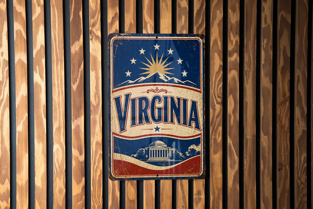 A vintage-style metal sign with the word "VIRGINIA" prominently displayed, featuring a sun and stars design.