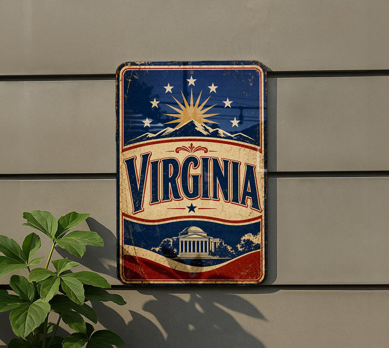 A vintage-style sign with the word "VIRGINIA" prominently displayed, featuring a sun and stars above the state name.