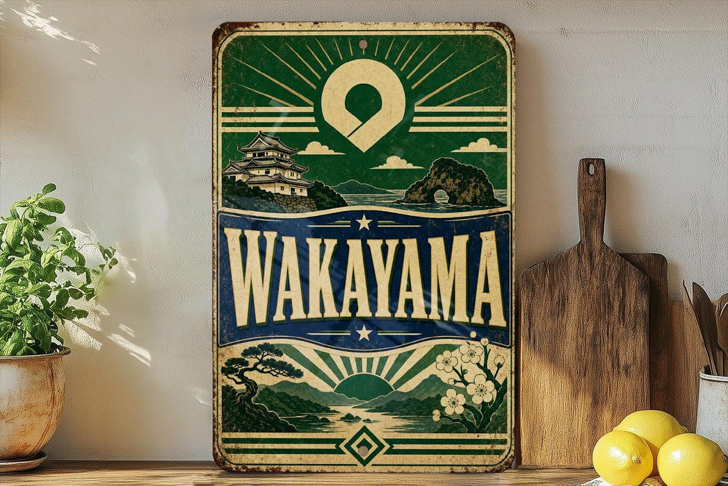A vintage-style metal sign with the text "Wakayama" prominently displayed, featuring a scenic landscape with a temple, mountains, and a body of water. The sign is placed on a wooden surface, with a potted plant, a wooden cutting board, and some lemons nearby.