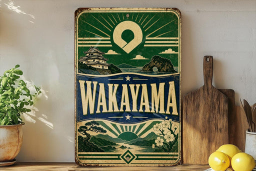 A vintage-style metal sign with the text "Wakayama" prominently displayed, featuring a scenic landscape with a temple, mountains, and a body of water. The sign is placed on a wooden surface, with a potted plant, a wooden cutting board, and some lemons nearby.