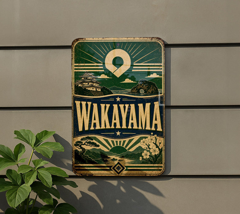 A vintage metal sign with the text "Wakayama" displayed prominently, featuring a scenic landscape with mountains, clouds, and a sun.