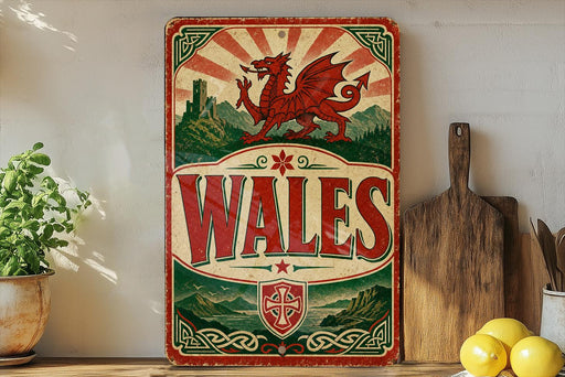 A vintage-style metal sign with a red dragon and the word "Wales" prominently displayed, placed on a wooden surface next to a wooden cutting board and some lemons.