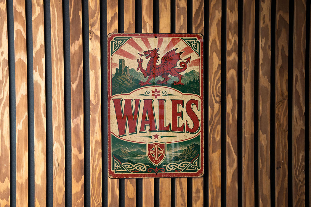A metal sign with a red dragon and the word "WALES" in the center, mounted on a wooden wall.