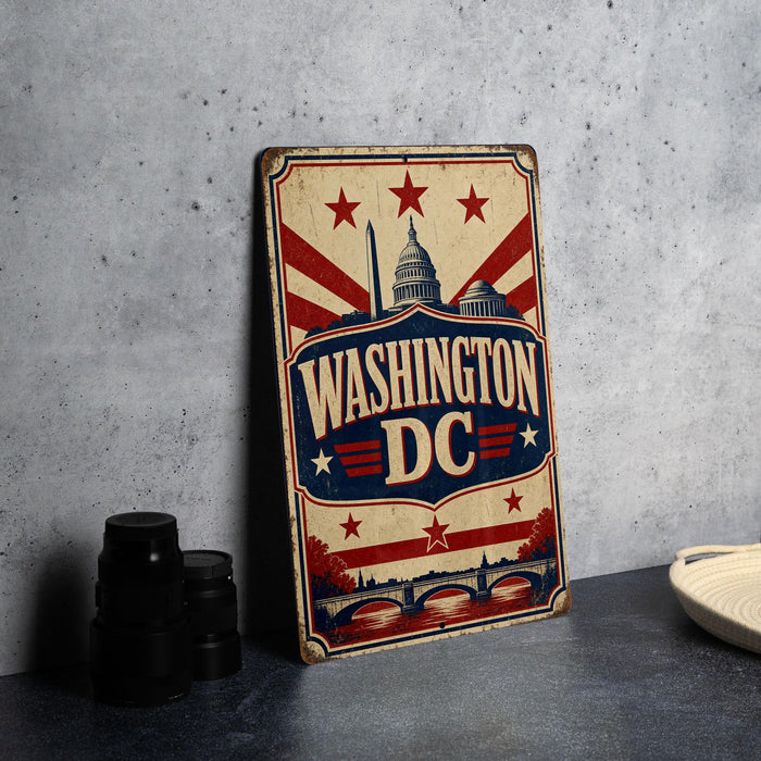 A vintage-style metal sign with the text "WASHINGTON DC" prominently displayed, featuring a stylized depiction of the United States Capitol building and the Washington Monument.