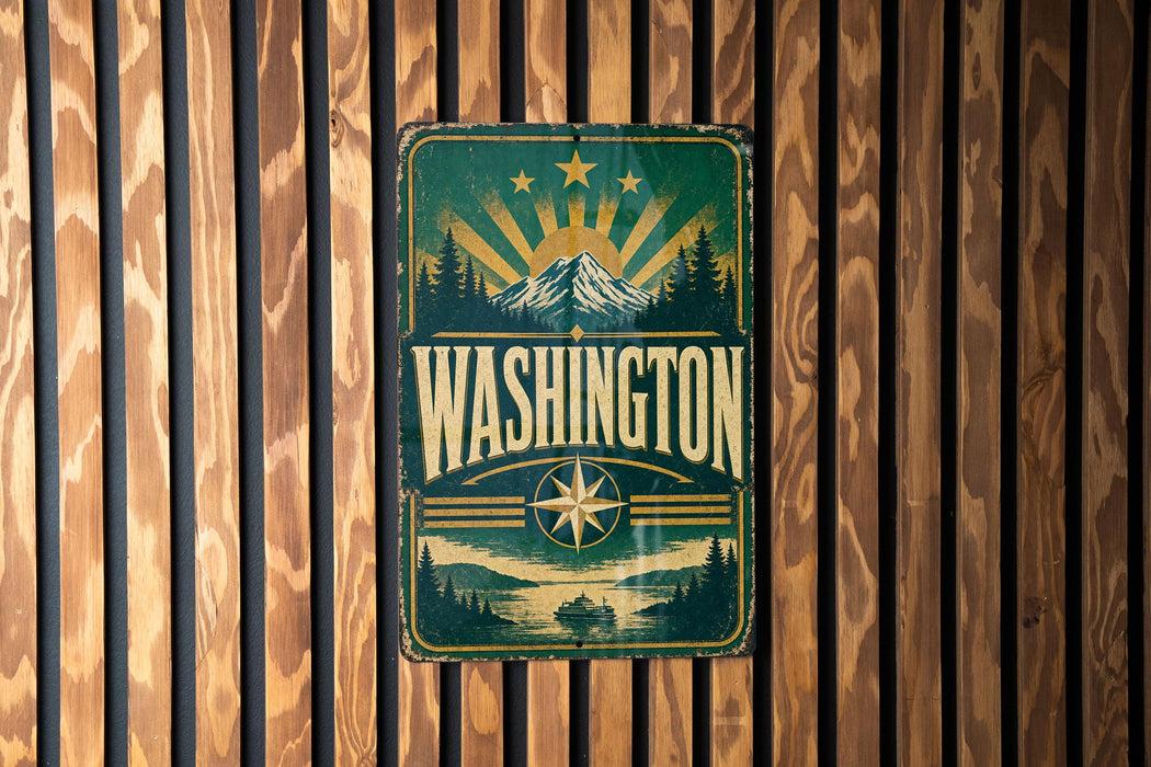 A vintage-style metal sign with the word "WASHINGTON" prominently displayed, featuring a mountain landscape and sunburst design.