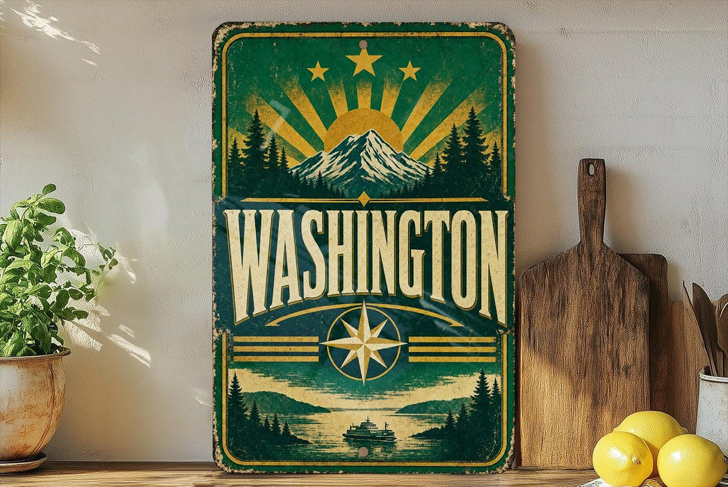 A vintage-style metal sign with the word "WASHINGTON" prominently displayed, featuring a mountain landscape and sunburst design.