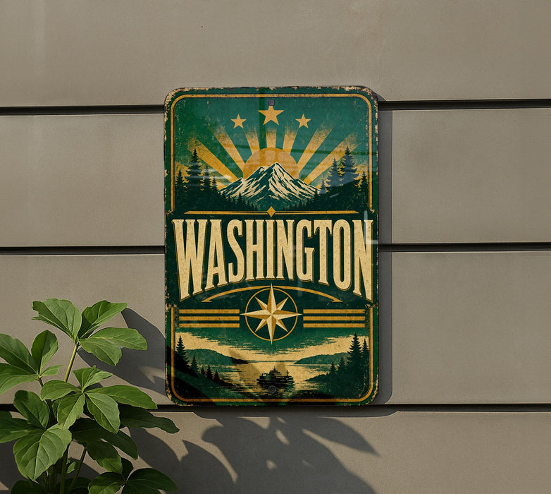 A vintage-style metal sign with the word "WASHINGTON" prominently displayed, featuring a mountain landscape and sunburst design.