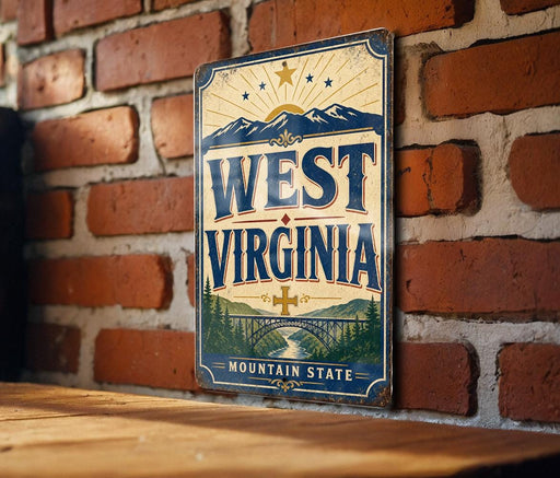 A vintage-style metal sign displaying the text "WEST VIRGINIA" with a mountain landscape and a bridge, mounted on a brick wall.