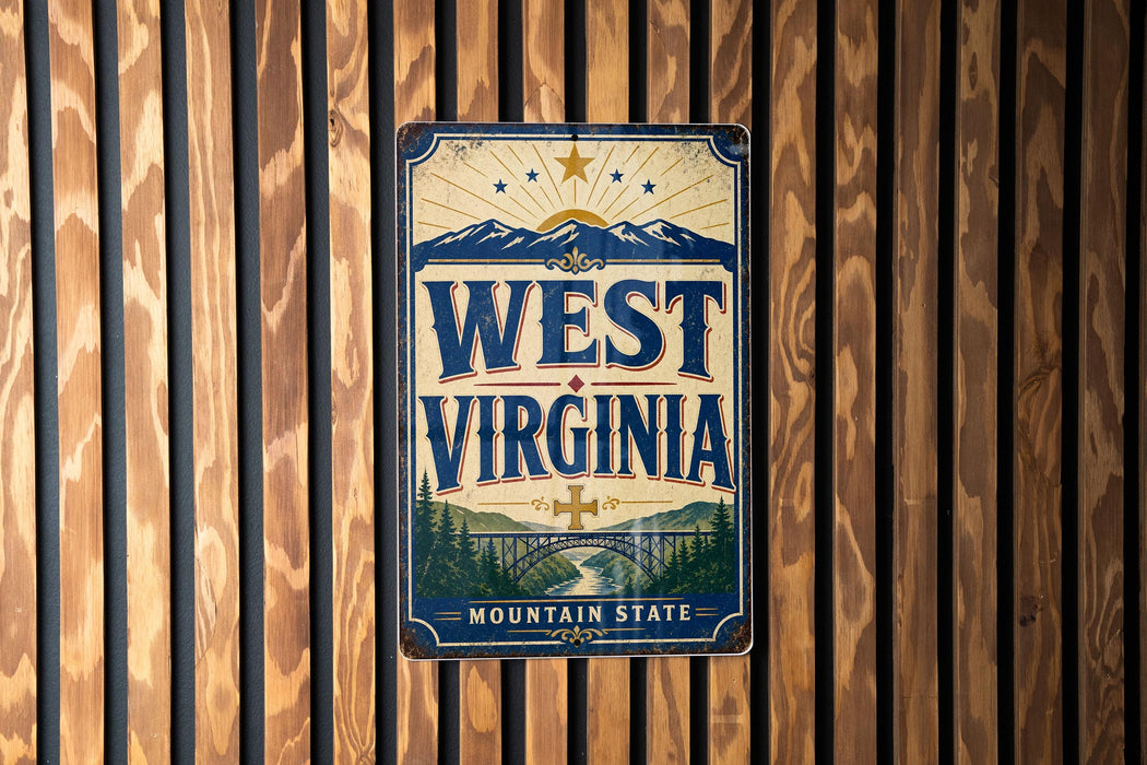 A vintage-style metal sign with the text "WEST VIRGINIA" and a mountain landscape, mounted on a wooden wall.