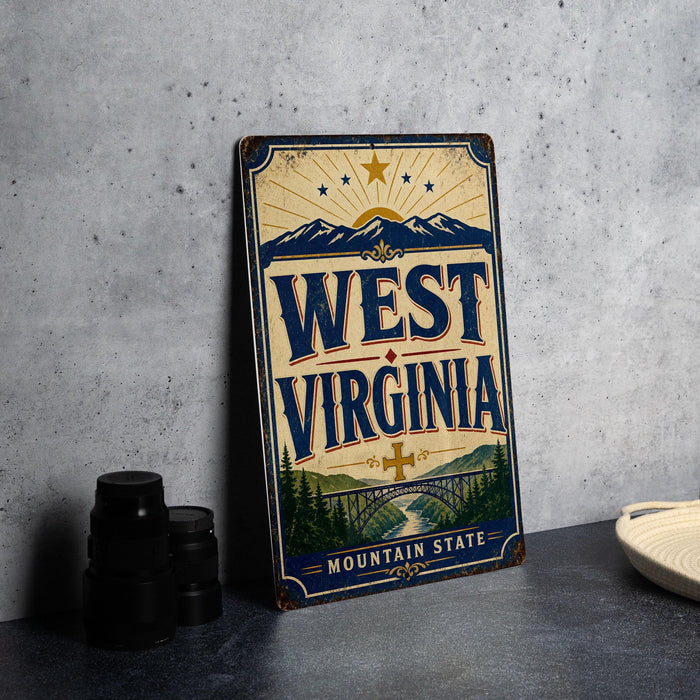 A vintage-style metal sign for West Virginia, featuring a mountain landscape and the text "WEST VIRGINIA" prominently displayed.