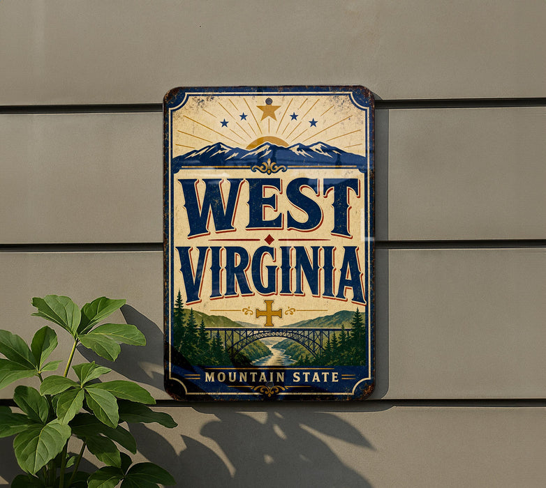 A vintage-style sign for West Virginia, featuring mountains, a bridge, and the text "MOUNTAIN STATE" against a blue background with a sun and stars.