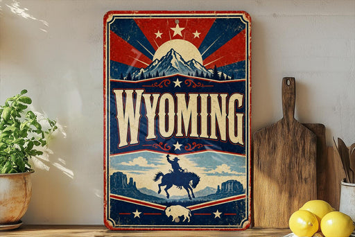 A vintage-style sign for Wyoming featuring a cowboy on a horse, mountains, and a sunburst design.