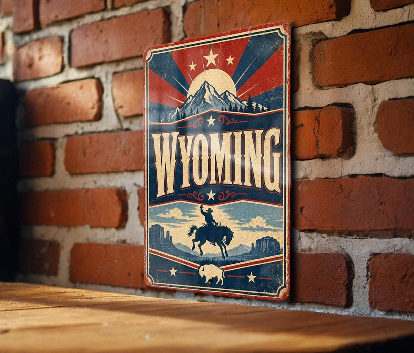 A vintage-style metal sign with the word "Wyoming" prominently displayed, featuring a cowboy silhouette and a mountain landscape.