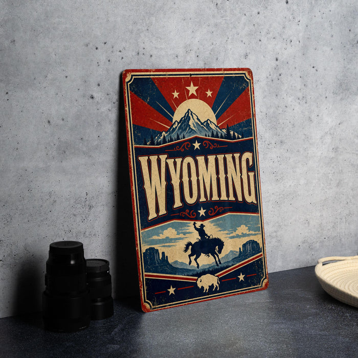 A vintage-style metal sign with the word "Wyoming" prominently displayed, featuring a cowboy silhouette and a mountain landscape.