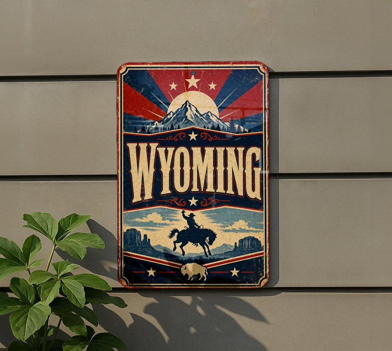 A vintage-style sign for Wyoming mounted on a wall, featuring a cowboy silhouette and a mountain landscape.