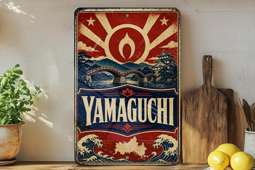A vintage-style metal sign with a red and blue design, featuring a castle, bridge, and waves, is displayed on a shelf next to a wooden cutting board and some lemons.