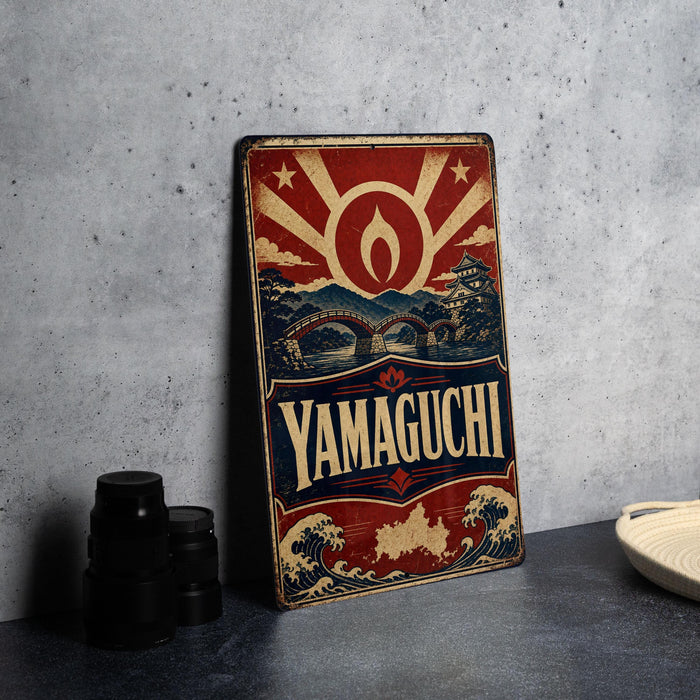 A vintage-style metal sign with a red and white design, featuring a sunburst pattern and a Japanese-style temple, is displayed on a gray countertop.
